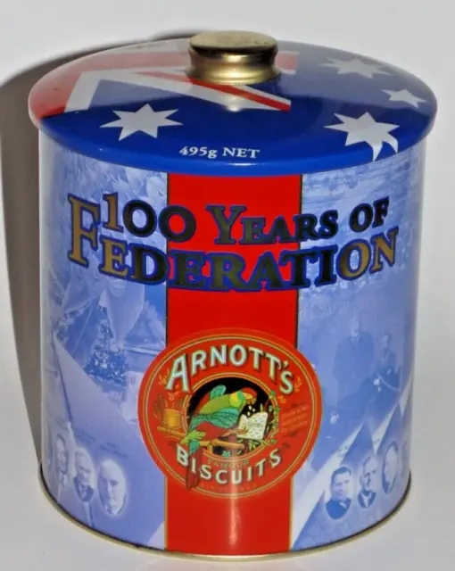 Arnott's Biscuit Tin 100 YEARS OF FEDERATION 2001 Round Australian Icons & Flag