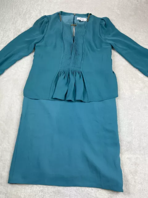 REISS Dress Blue Womens Size 10 Long Sleeve Teal Gold Chain Neck Detail