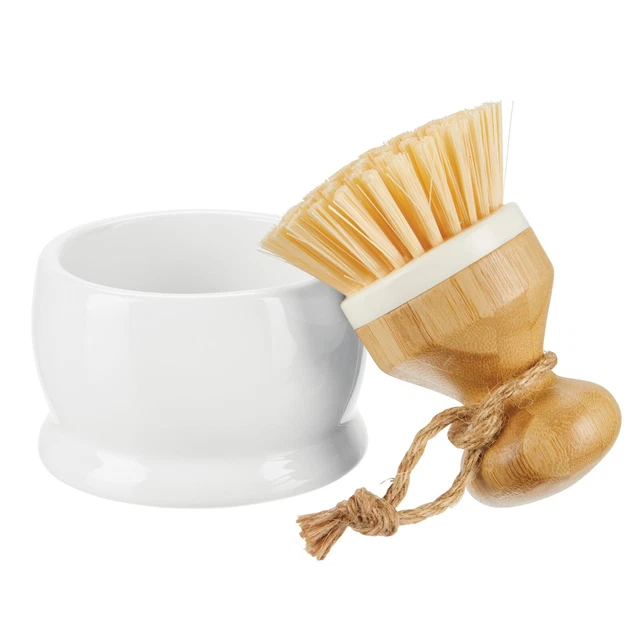 mDesign Bamboo Mini Kitchen Palm Dish Scrubber Brush with Holder - White/Natural