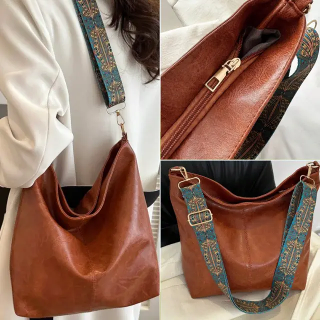 Women's Casual Tote Shoulder Handle Shopper Bag, PU Leather, Cross Body Strap