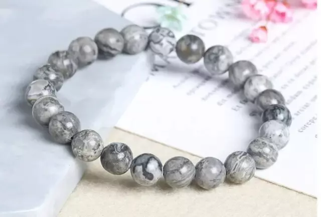Bracelet de perles Jaspe gris, en pierre Naturelle, Sur mesure pour Homme, Femme