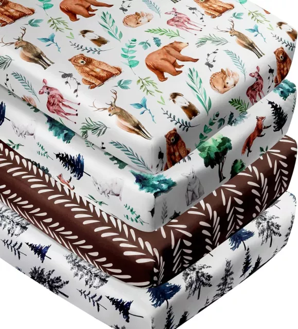4 Pack Woodland Forest Animals Wood Neutral Unisex Fitted Baby Crib Sheets
