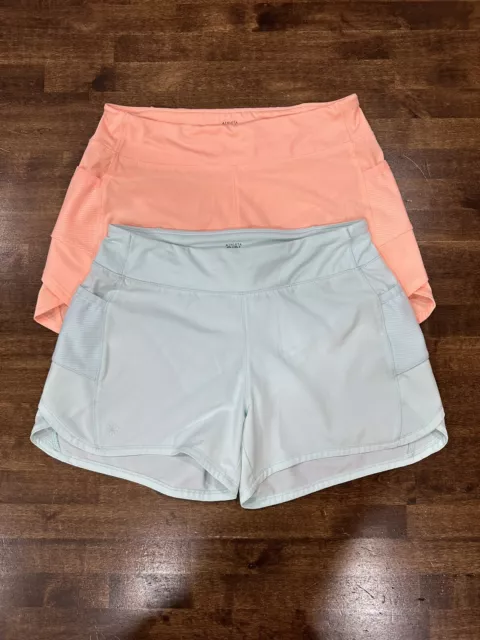 Lot of 2 Athleta Girl Record Breaker 3” Shorts Sz L/12 Peach Blue Liner EUC Set