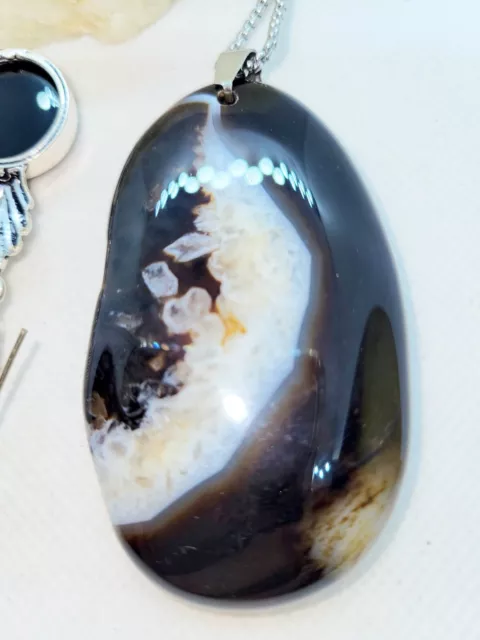 Rare, Black Onyx AGATE Geode Druzy Pendant Necklace 28, Earrings