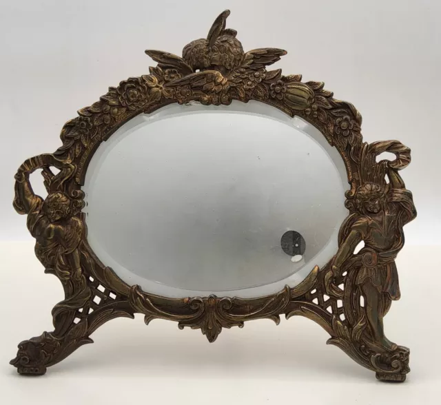 Antique National Brass & Iron Works Cast Brass Victorian Cherubs Vanity Mirror