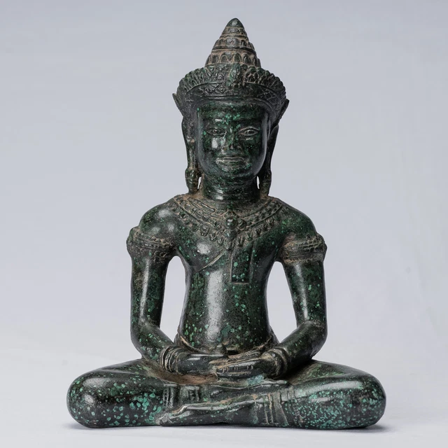 Buddha - Antique Khmer Style Seated Bronze Meditation Buddha Statue - 25cm/10"