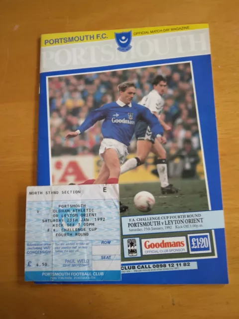 Portsmouth Vs Leyton Orient incl ticket. FAC4. 25/01/1992. Exc. cond. Free P&P.