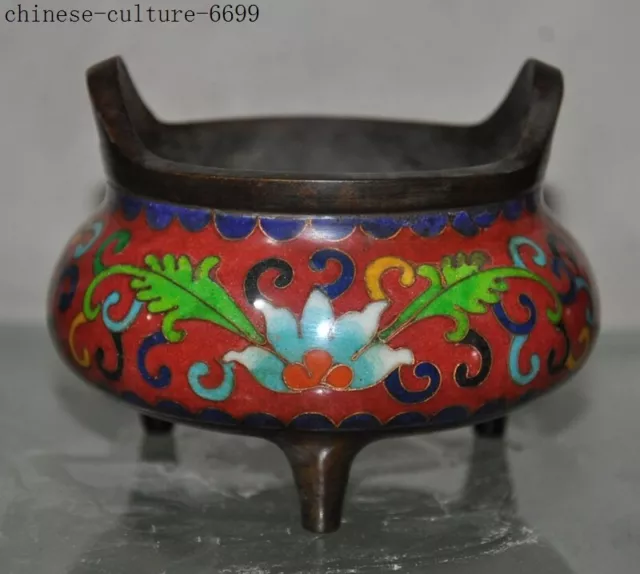 Old Chinese temple bronze Cloisonne lion foo dog tripod Incense Burner censer