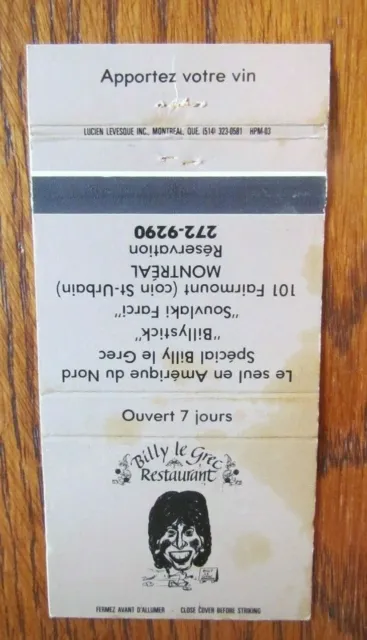 Greek Restaurant Matchbook Matchcover: Billy Le Grec (Montreal, Quebec) -E8