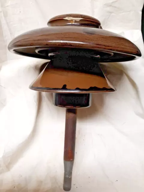 Vintage Large Swirled Two-tone Black Brown Mushroom Porcelain Insulator w/pole 2