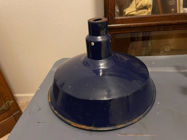 Vintage Cobalt Blue Porcelain Industrial Light Lamp Shade Barn Gas Station 14"