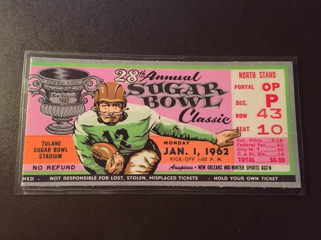 Alabama Crimson Tide 1962 Sugar Bowl REPLICA ticket vs Arkansas Razorbacks