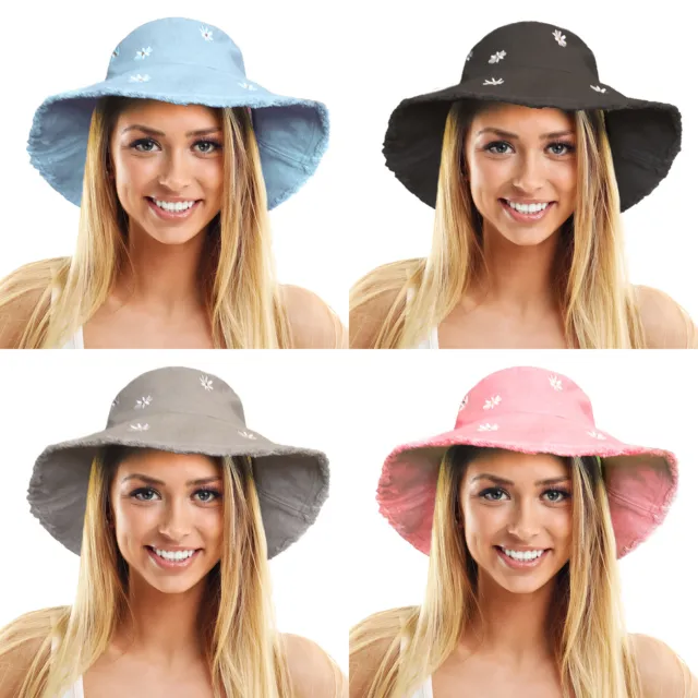 Ladies Womens UPF 50+ Soft Washed Cotton Bucket Daisy Hat Shapeable Wide Brim
