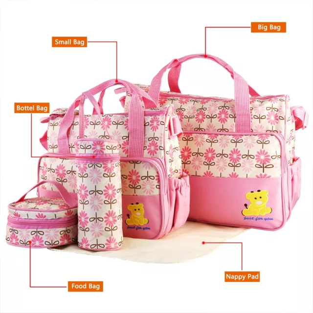 5Pcs Baby Diaper Bag Tote Set w/Nappy Changing Pad Bag Handbag Insulated Pockets