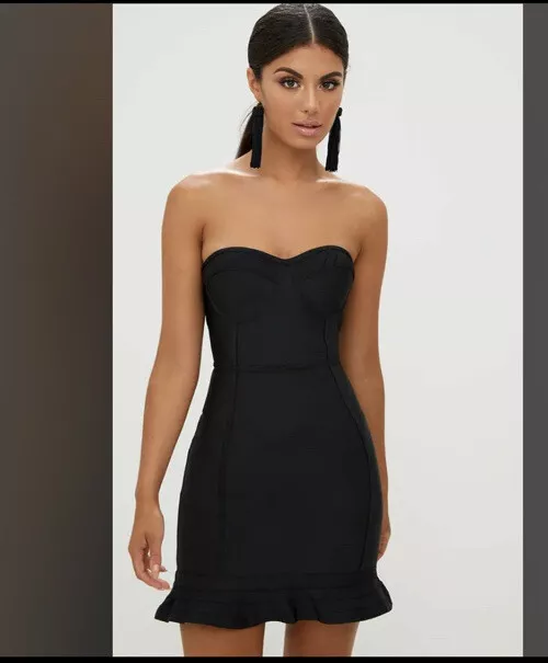 Black lace ladder detail frill hem bodycon best sale dress