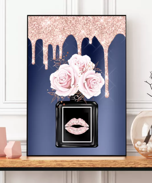 Perfume Glitter Print Wall Art Fashion Glam Floral NAVY Flowers Lips Bedroom D5