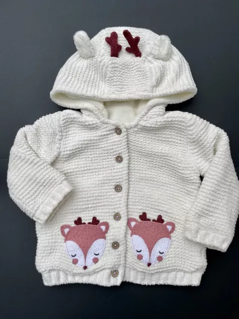 Baby Girl Cream Deer Knitted Hooded Cardigan Antlers Fleece Lined Jacket Clothes