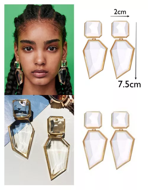 STATEMENT Long Gold Clear Chunky Big Large Crystal Stone Drop Dangle Earrings UK