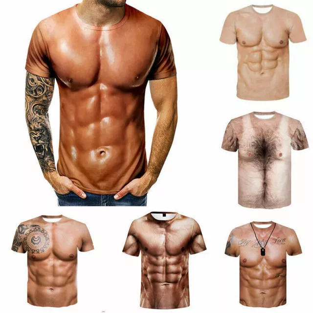 Men 3D Muscle Tattoo Print T-Shirt Short Sleeve Digital Printing T Shirt Summer-