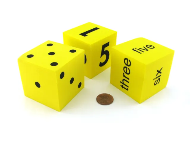 Pack of 3 50mm Large Foam Dice Numbered 1 to 6 with Spots, Words, and Numbers