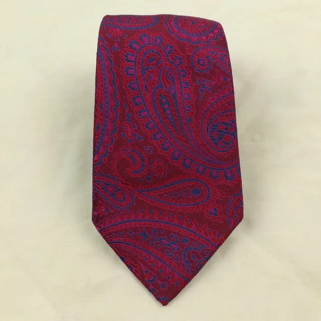 David Donahue Neck Tie Paisley Thick Silk Red Pink Blue 60L 3.5W USA Handmade
