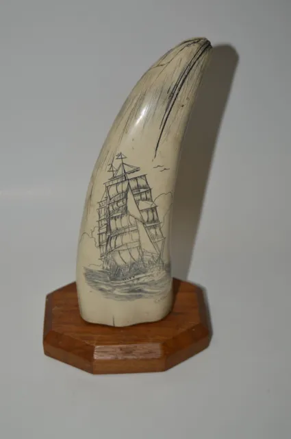 Vintage Scrimshaw Replica SHIP Nautical Faux Whale Tooth Resin Sculpture COOK