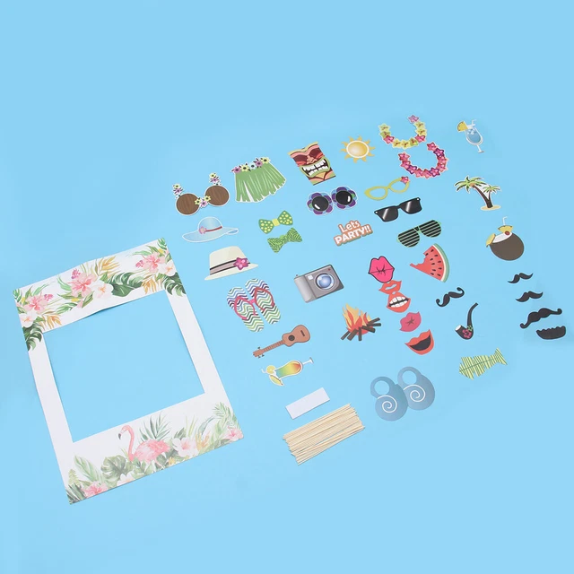 33 piezas Marco de fotos de papel de fiesta hawaiano y accesorios de fotos accesorios para selfie vestirse A
