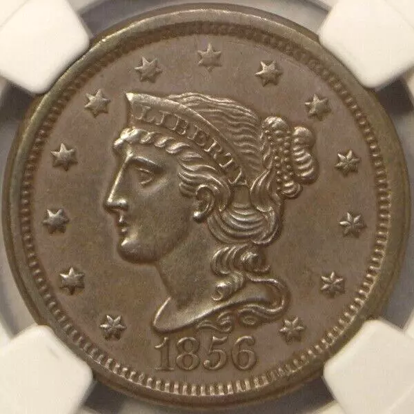 1856 Braided Hair Large Cent, Slanted 5 N-14 Variety, Sharp, Ngc Graded Au 58 Bn