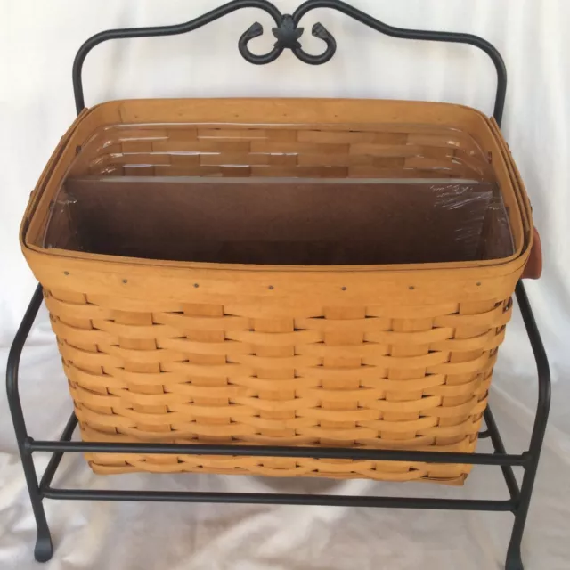 Longaberger Newspaper Basket 2001 Protector Wood Divider Wrought Iron Stand