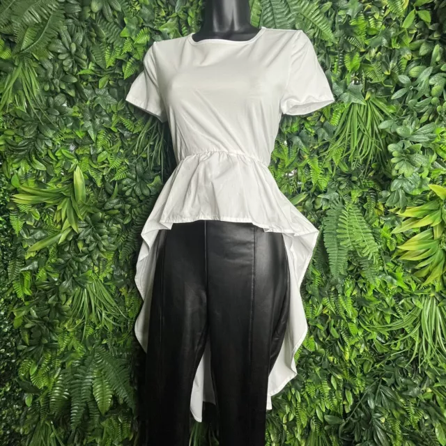 Women Tops Medium White Blouse Peplum Crop Top High Low Hem SAN JOY 0710