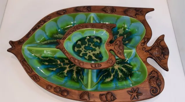 Vintage Treasure Craft Tiki Hawaiian Ceramic Fish  Green Blue Serving Dish Tray