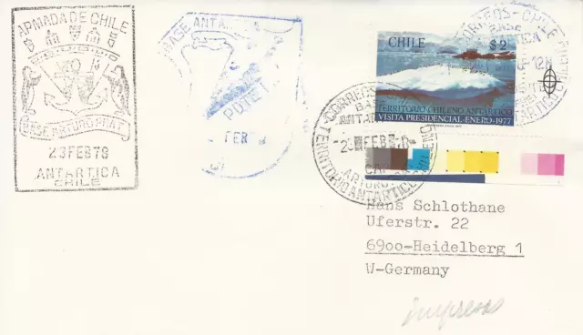 Chile Antarctic cachet station Frei + Prat Antarctic stamp 2 canc. Prat 23.2.78