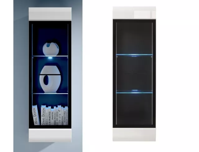 White Gloss Wall Display Tall Cabinet Glass Door LED Light Black trim Unit Fever