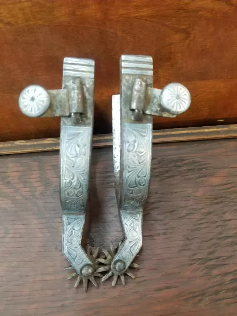 Antique  Western Cowboy Vintage Inlay Inlaid Sterling Silver Old Boot Spurs Pair