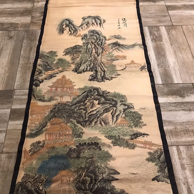 Chinesische alte hängende Schriftrolle, Landschaftsgemälde, signiert, groß