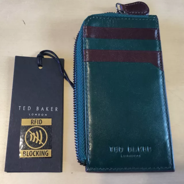 TED BAKER GREEN/ brown zipped CARD HOLDER , coin holder, wallet, RFID ...