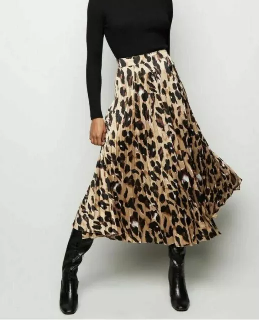 NEW LOOK LEOPARD print pleated skirt MIDI MAXI SKIRT SATIN feel Sz