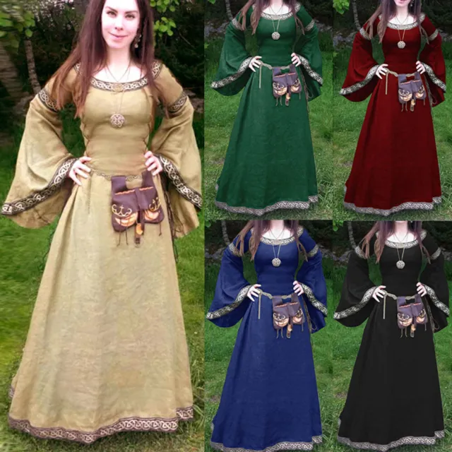 Plus Size S-5XL Women Long Flare Sleeve Medieval  Dress Renaissance Costume new