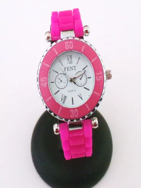 Montre Femme Bracelet Silicone Rose & Argente + 1Pile