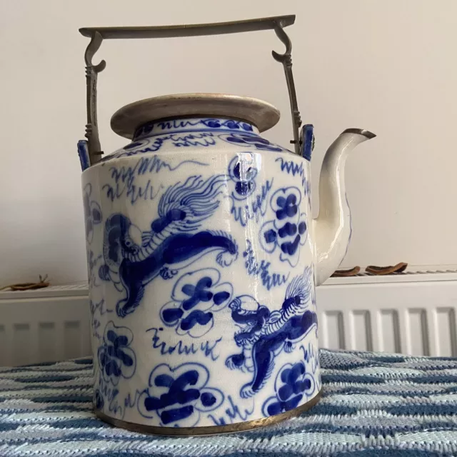 Antique Chinese Blue White Bencharong Style Teapot 19thC 1800s Dogs