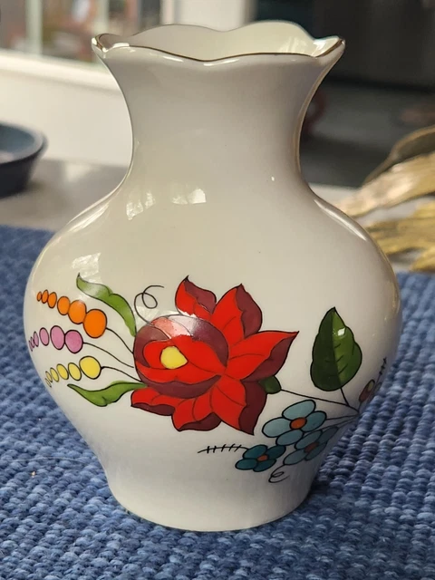 KALOCSA Porcelain Vase Hand Painted in Hungary Floral with Gold Trim