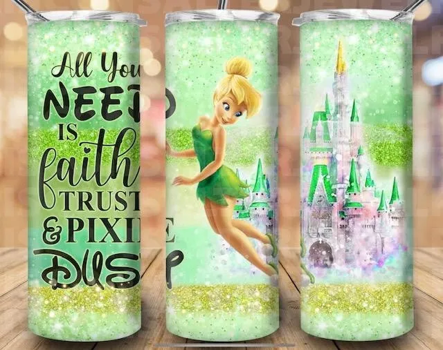New Tinker Bell Faith Pixie Dust 20 Oz Stainless Steel Tumbler Cup + Lid & Straw