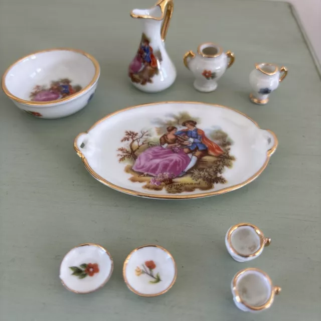 9 Piece Miniature Porcelain Tea Set Limoges France Pink Blue Gold Trim