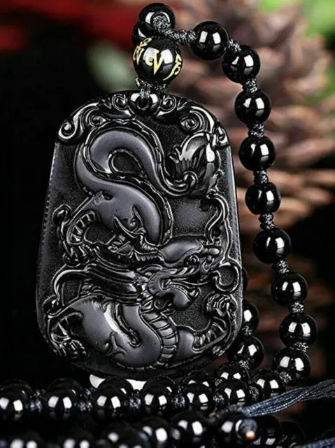 Natural Obsidian Chinese zodiac necklace Amulet animals pendant with bead chain