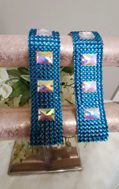 Set of 2  Bracelets Cuffs Royal Blue Crystals  AB Ballroom Dance Jewelry