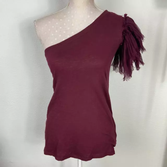 Elizabeth and James One Shoulder Top XS Maroon Burgundy Ruffled Sleeve