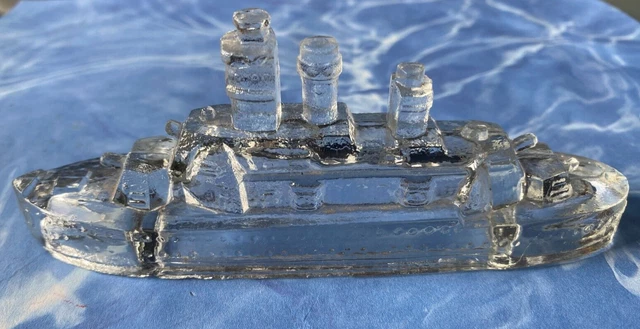 Vintage Glass Candy Container Battleship 1940’s Clear Glass Navy War Figurine
