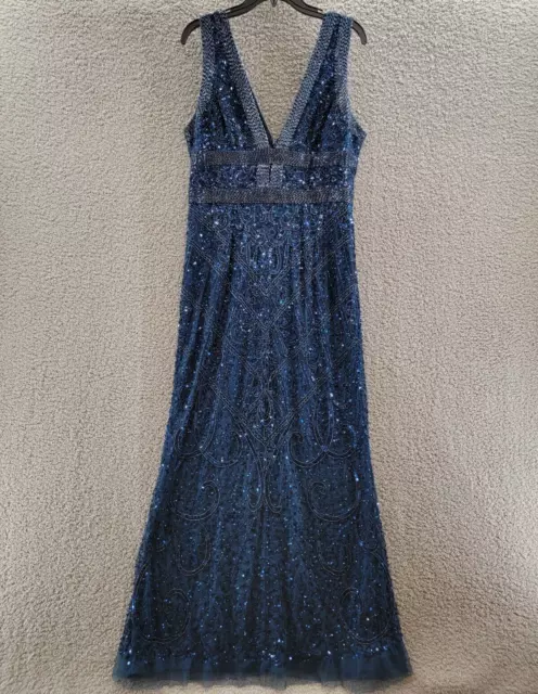 Adrianna Papell Beaded V-Neck Long Gown Women's 16 Deep Blue Back Zip Closure + 2