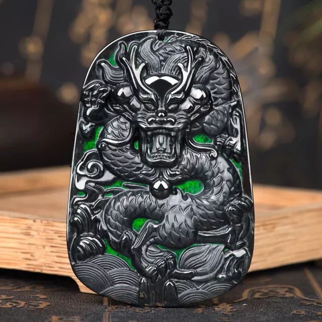Burmese Jade Dragon Pendant Black Natural Jewelry Necklace Emerald Jadeite
