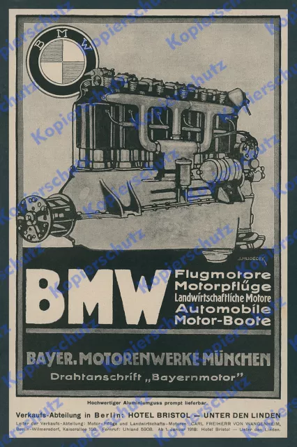 orig Reklame Hudrlik BMW München Flugmotoren Luftwaffe v. Wangenheim Berlin 1918